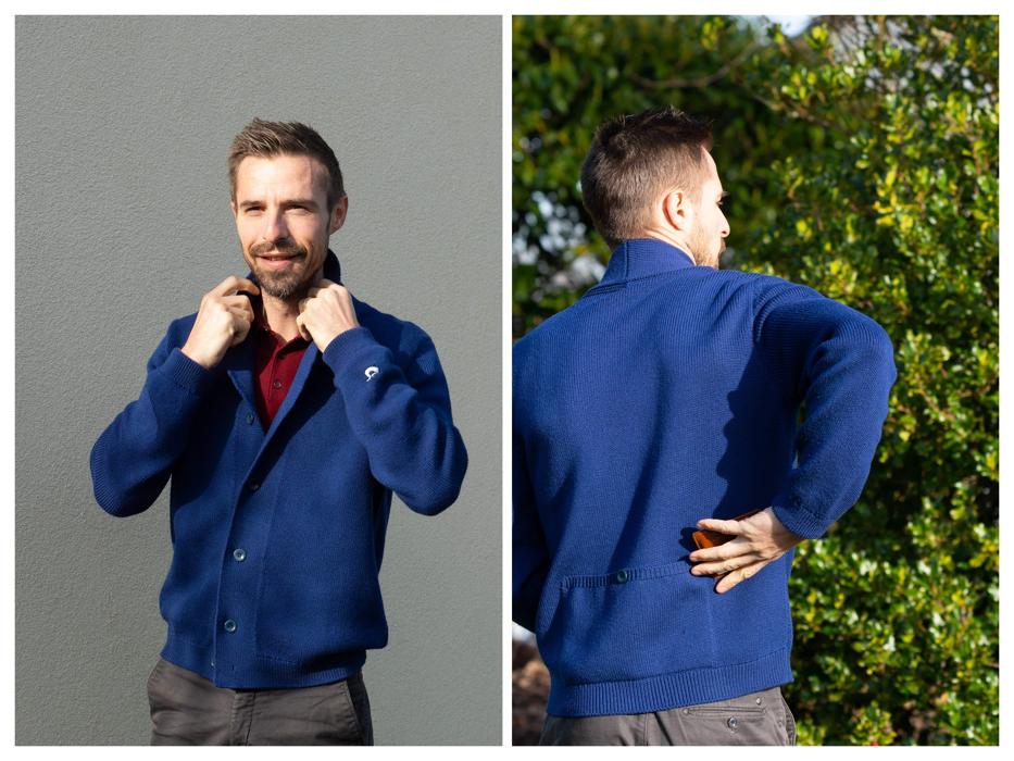 Geoffrey porte le cardigan de face et de dos sur une composition de 2 photos