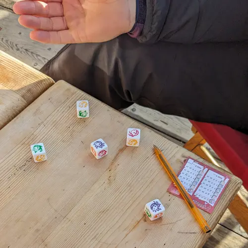 Mon fils et moi en train de jouer au dès. Seules les mains sont visibles