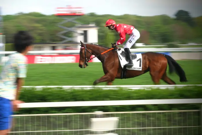 Un jeune enfant au premier plan regarde le passage d'un jokey sur son cheval lors d'une course