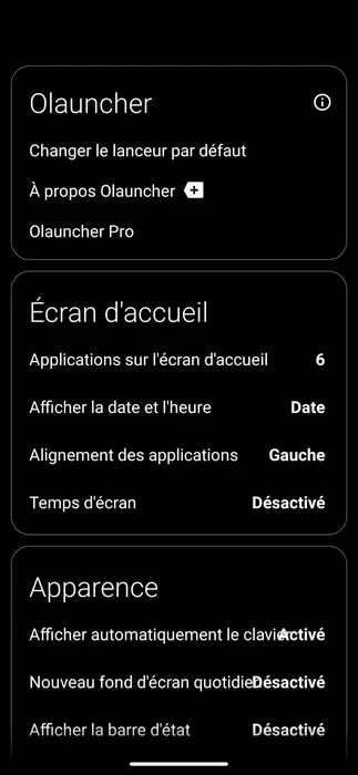 Capture d'écran de mon smartphone avec Olauncher et les paramètres