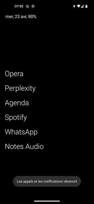 Capture d'écran de mon smartphone avec Olauncher, écran d'accueil standard